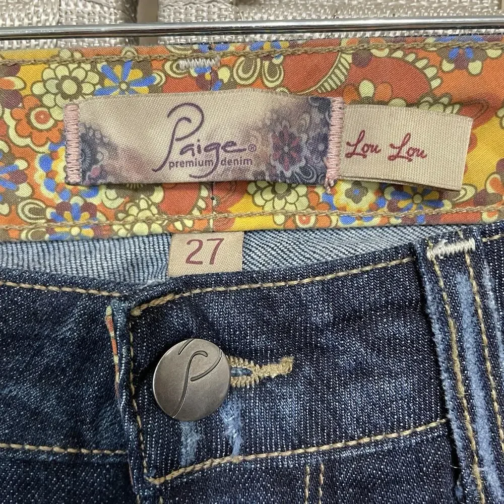 Paige Lou Lou Flare Mid-Rise Jeans Women Size 27 Blue Medium Wash Distress Denim - Picture 7 of 10